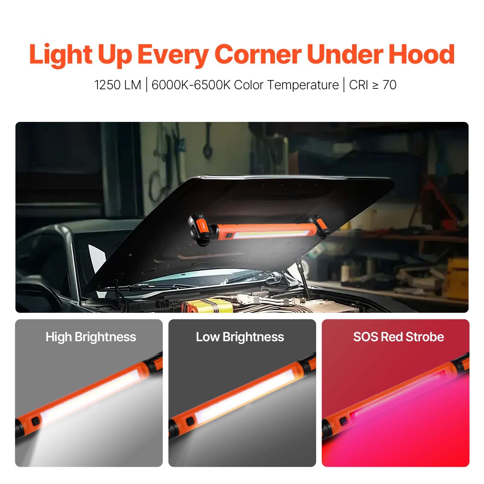 VEVOR Lampe de Travail LED Mécanicien 1250 lm Barre Lumineuse de Travail Sous Capot Rechargeable Magnétique sans Fil Portable 6000 mAh Éclairage d'Urgence, pour Réparation de Voiture, Garage, Atelier