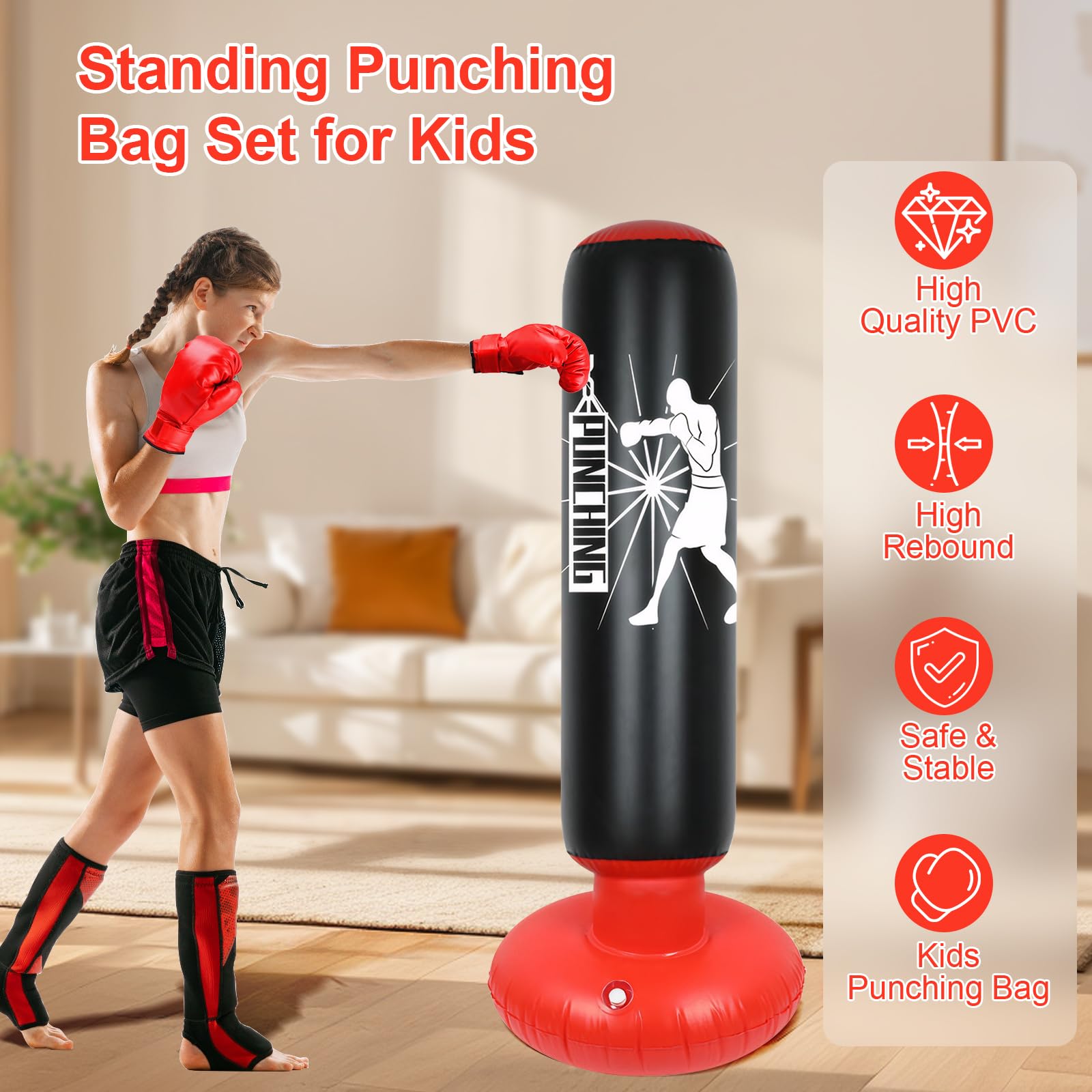 Qoosea Sacco da Boxe per Bambini, 160cm Stabile Pungiball Bambini Gonfiabile con Guantoni da Boxe, Pratica di Taekwondo Karate Attrezzatura da Allenamento MMA, Regalo per 3-12 Ragazzi Ragazze