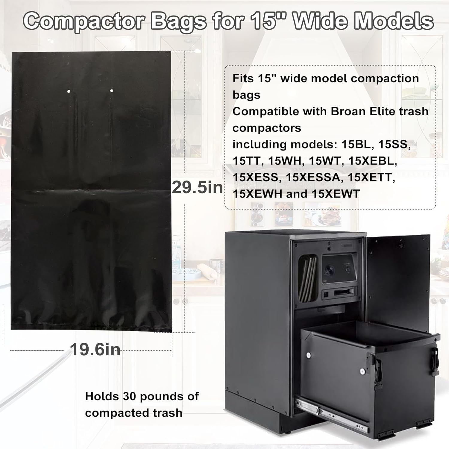 16Pack Trash Compactor Bags Heavy Duty for 15" Wide Models, Compatible with Broan Trash Compactor Bags, 5 Years Warranty.