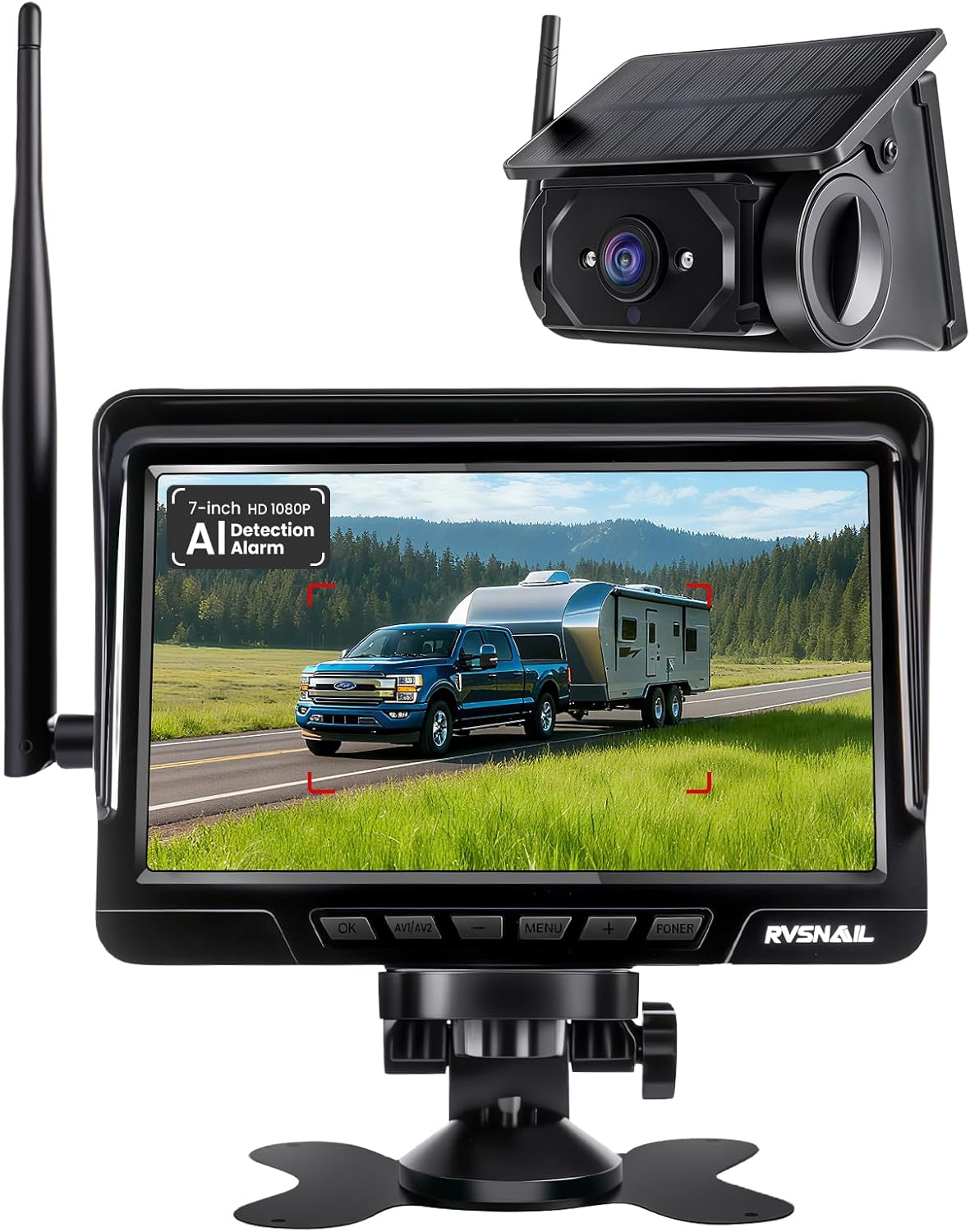 Magnetic Solar Wireless Backup Camera, Alarm Function, 7” 1080P Monitor, Extened Antenna, Stable Signal, No Delay, Night Vision, Easy Install, IP68, for Small RV, Truck, Trailer, Camper