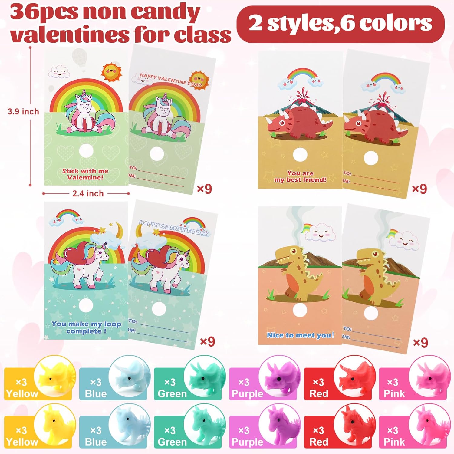 Non Candy Valentines for Class Kit- 36PC Dinosaur&Unicorn Valentines Day Cards for Kids School,Sensory Fidget Toys Stretchy String Noodles,Boys&Girls Students Classroom Exchange Gifts Party Favors Set