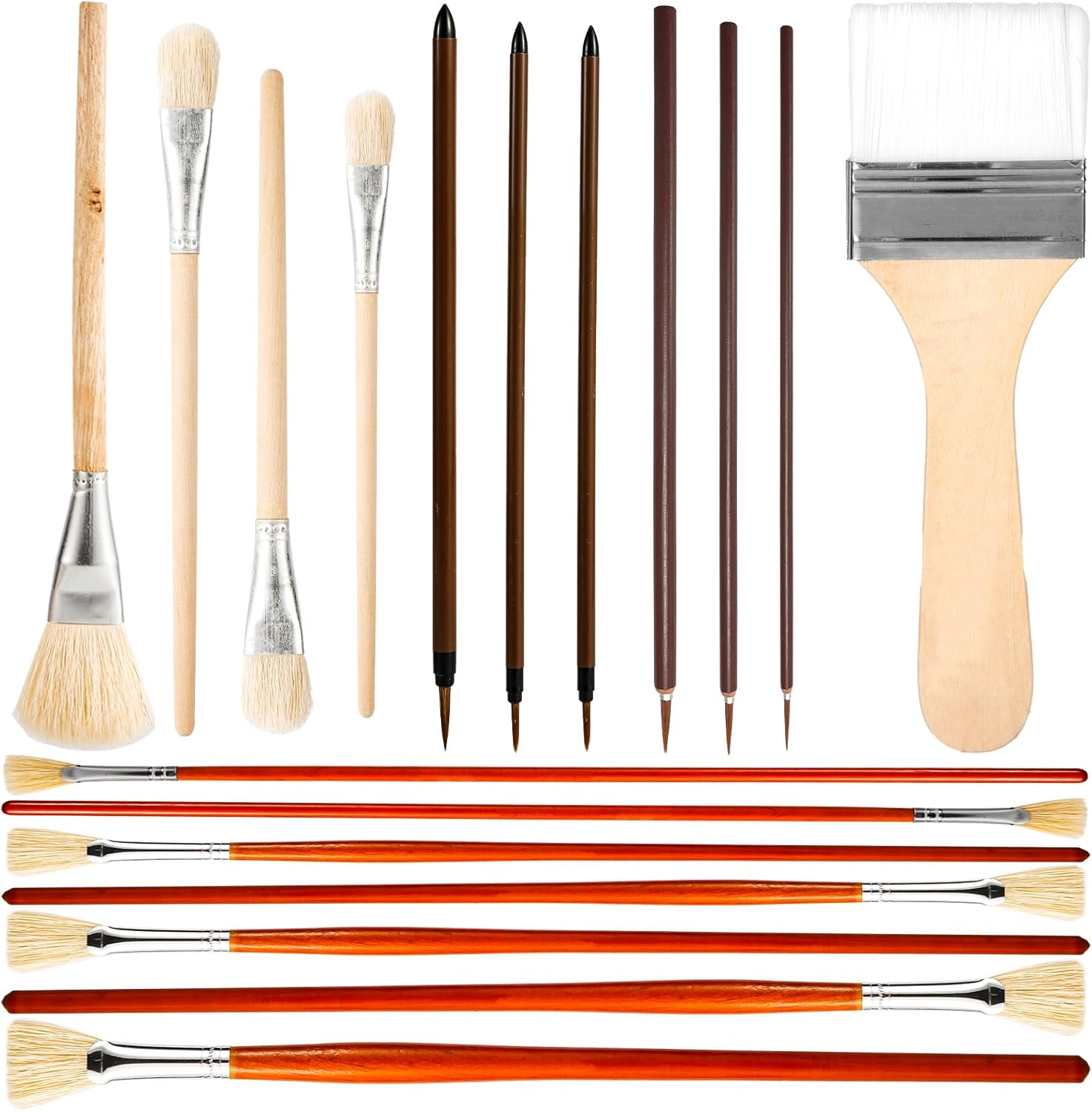 18pcs Pottery Glaze Brushes, Wood Long Handle Artist Fan