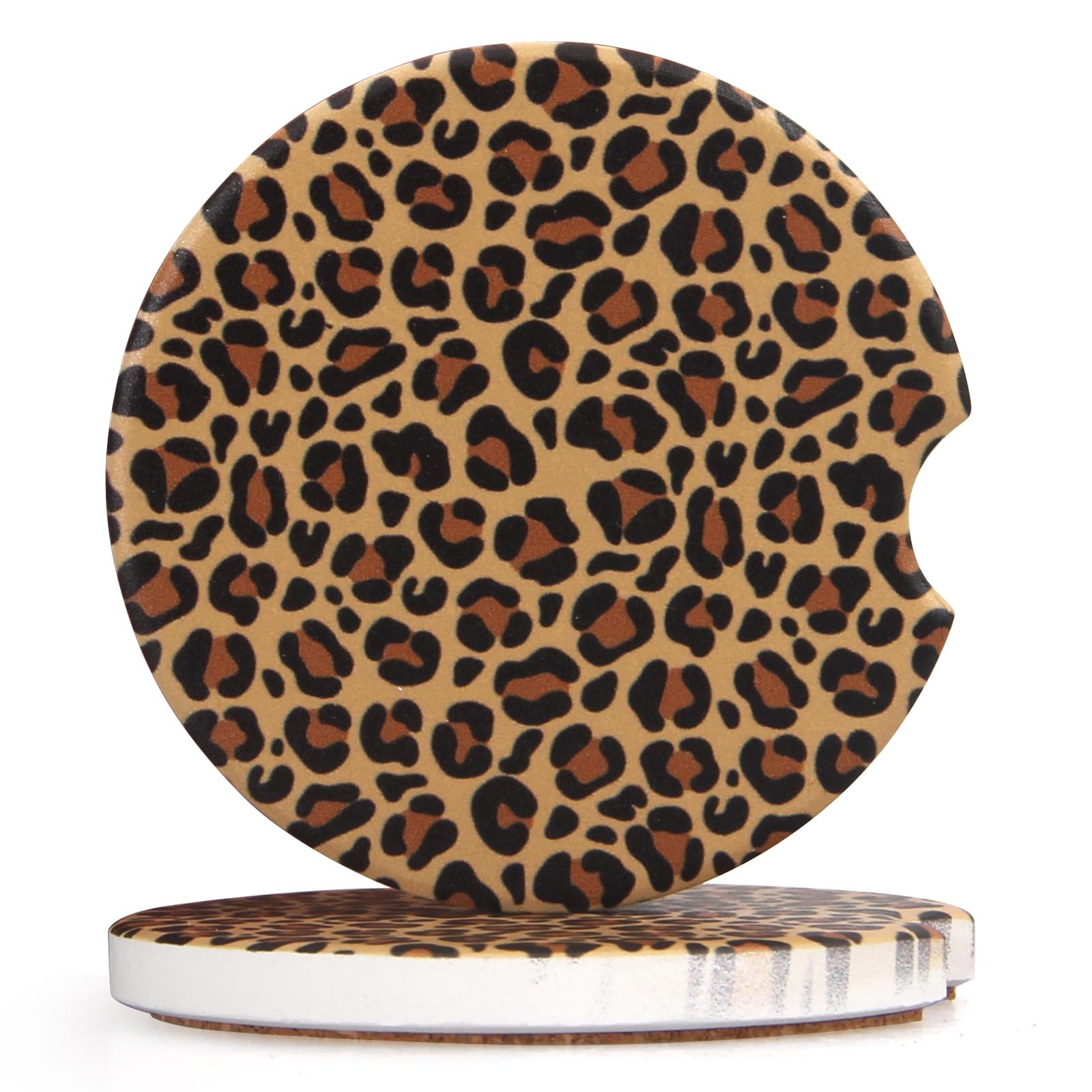 2 Pcs Leopard Print Ceramic Coasters - Absorbent, Non-Slip, Cute Cheetah Design Auto Cup Holders