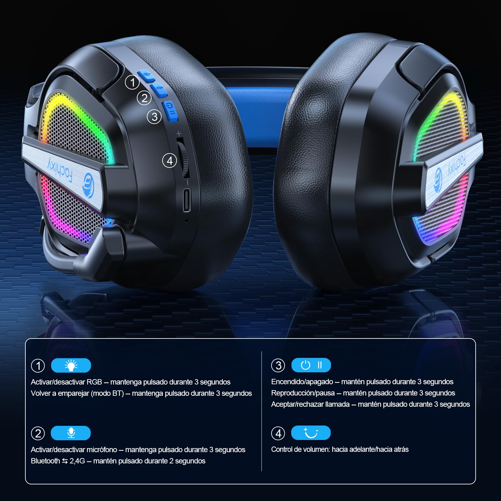 Fachixy FC200 Cascos Gaming Inalámbricos, 2.4GHz Bluetooth Auriculares Gaming Inalambricos para PS5, PS4, PC, Switch, Cancelación de Ruido de Baja latencia, luz LED, Duración 50Hr