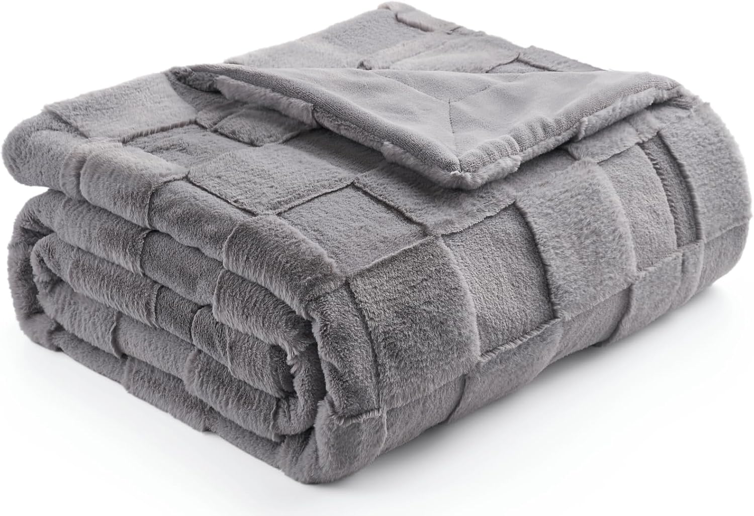Cozy Bliss Checkered Faux Rabbit Fur Grey Throw Blanket, Soft Fuzzy Fluffy Minky Furry Blankets for Couch, Bed (50 * 60 Inches Light Grey)