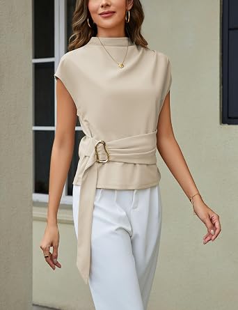 Yeokou Women Buckle Tie Top Stand Collar Belted Short Sleeve Elegant Dressy Spring Summer Business Casual Party Blouse
