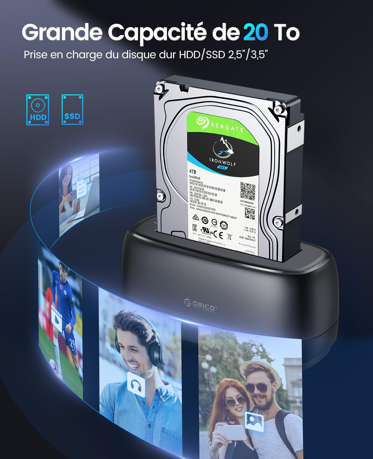 ORICO SATA SSD/HDD Dock pour Disque Dur, USB 3.0 Station d'accueil pour Dique Dur de 2,5 et 3,5 Pouces, Supporte UASP et Les disques de 20To(DD18U3)