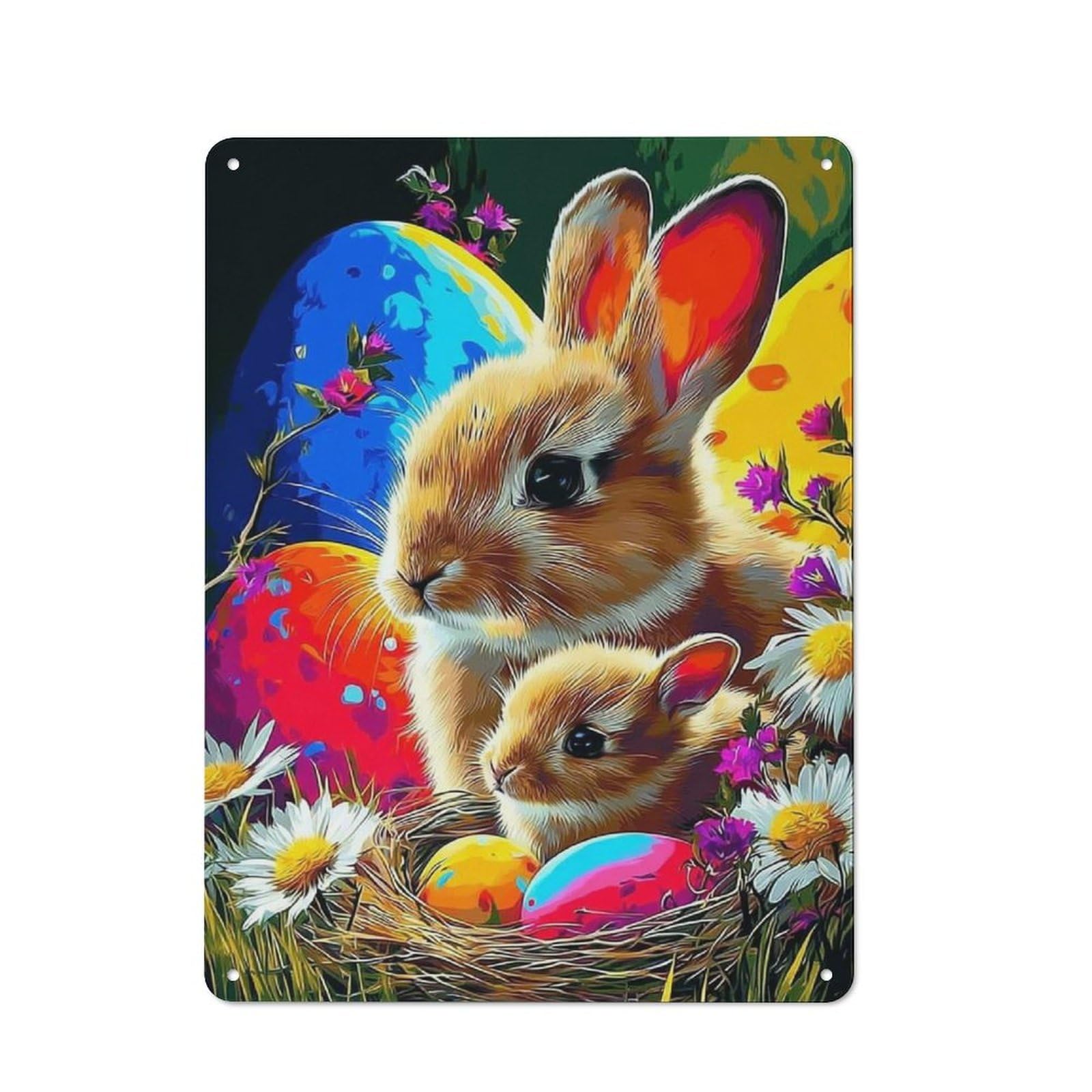 Modern Vintage Easter Bunny with Eggs Metal Desk Wall Sign 40x30cm, Office Wall Decor for Office, Study, Studio Or Hallway