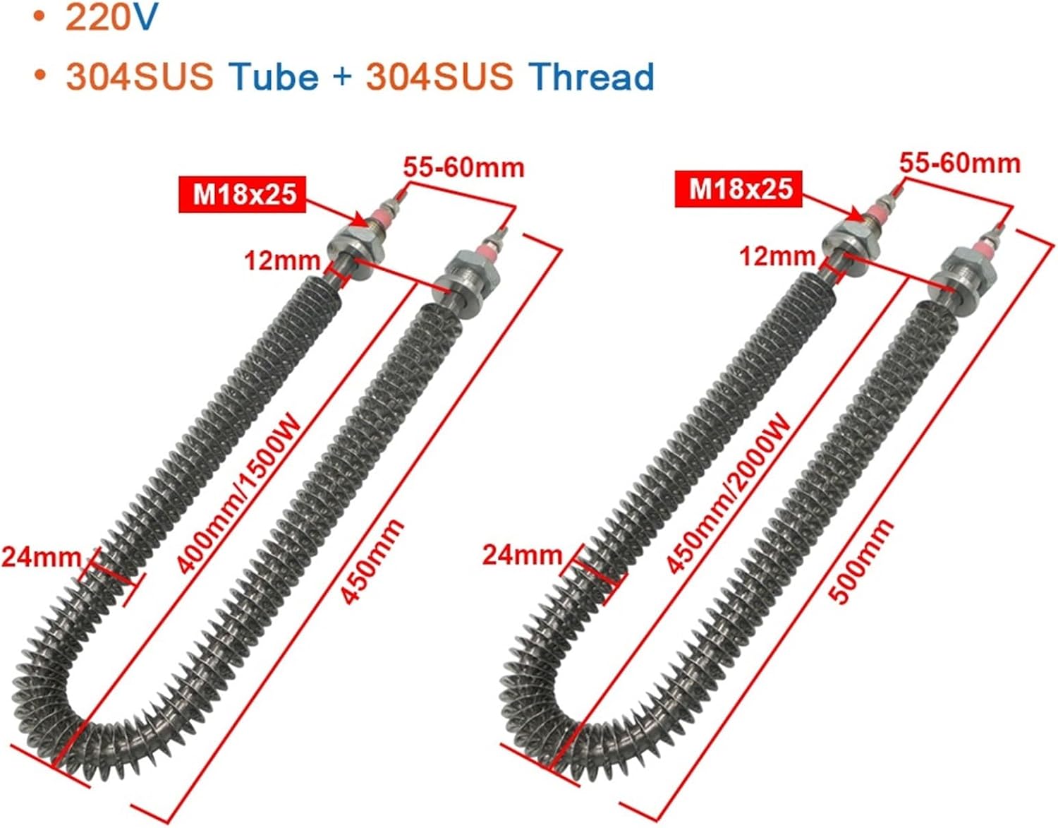 1Pcs Finned Tubular Heater U Type M18x25mm Connection Screw Size, U Type Tube Dia.10/12mm, 220V 1000W/1200W/1500W/2000W 304SUS(1000W 270L M16)