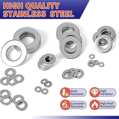 Miniatura 7 de Kit de surtido de 1100 arandelas planas  Acero inoxidable 304, 9 tamaños métricos (M2M12), arandelas de metal para tornillos y pernos  Ideal para