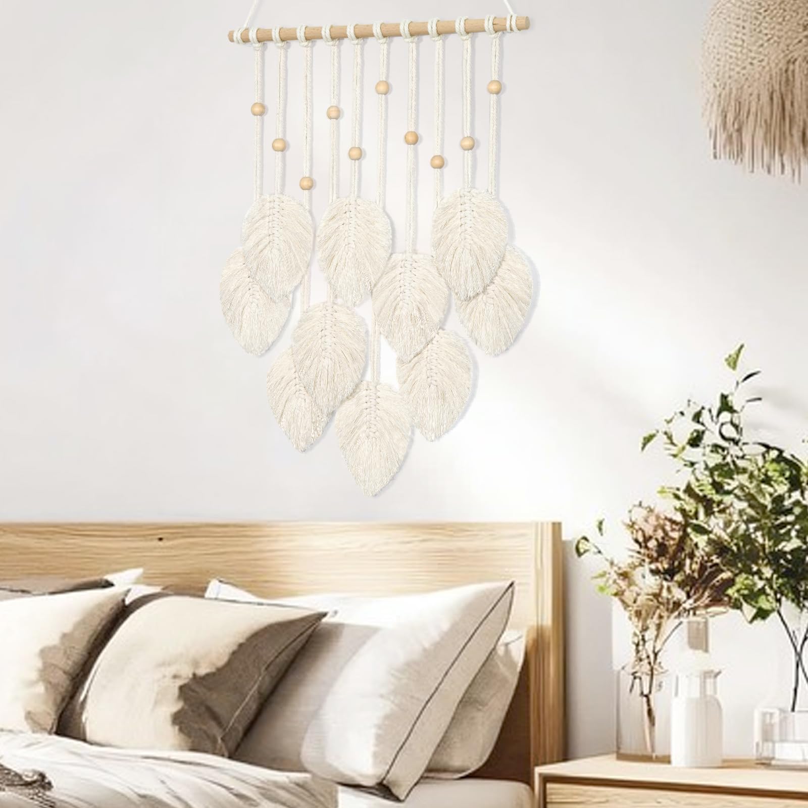 UXORSN Macrame Wall Hanging Beige Leaf Tassel Tapestry Boho Chic Wall Decor Handmade Woven Cotton Rope Tapestry Aesthetic Bohemian Wall Art for Bedroom Living Room Office Apartment Ornament - Image 4