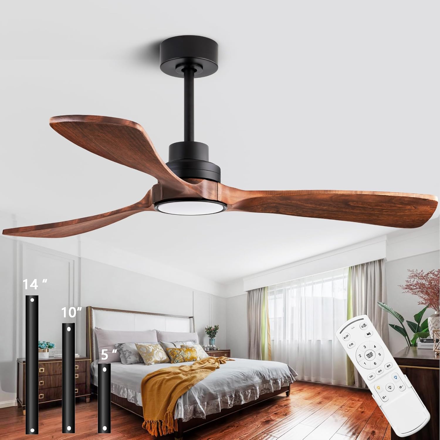 52” Ceiling Fans with Remote Control/Dimmer and Color Reduction with 3 Solid Wood Fan Blades, Ceiling Fan can be Used Indoors and Outdoors for Living Room, Dining Room, Pavilion Yard. Black + Walnut 52-inch