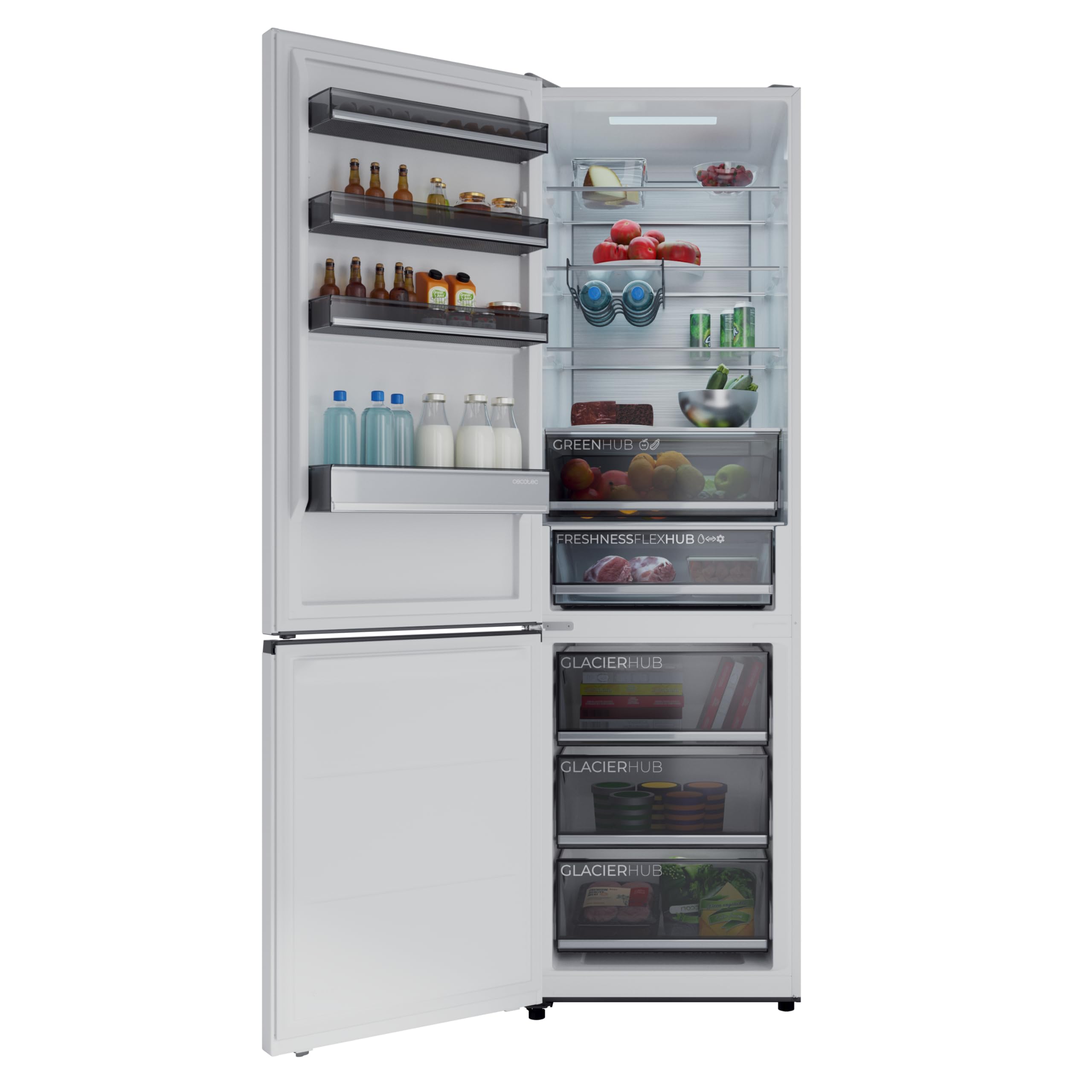 Cecotec Frigorifero Combinato 456L No Frost Bolero CoolMarket Combi 456 White Glass E. Altezza 201cmx59,5cm Larghezza, MAX INSIDE con VIP Tech, Compressore Inverter Plus, Basso Consumo, Ripiani Vetro