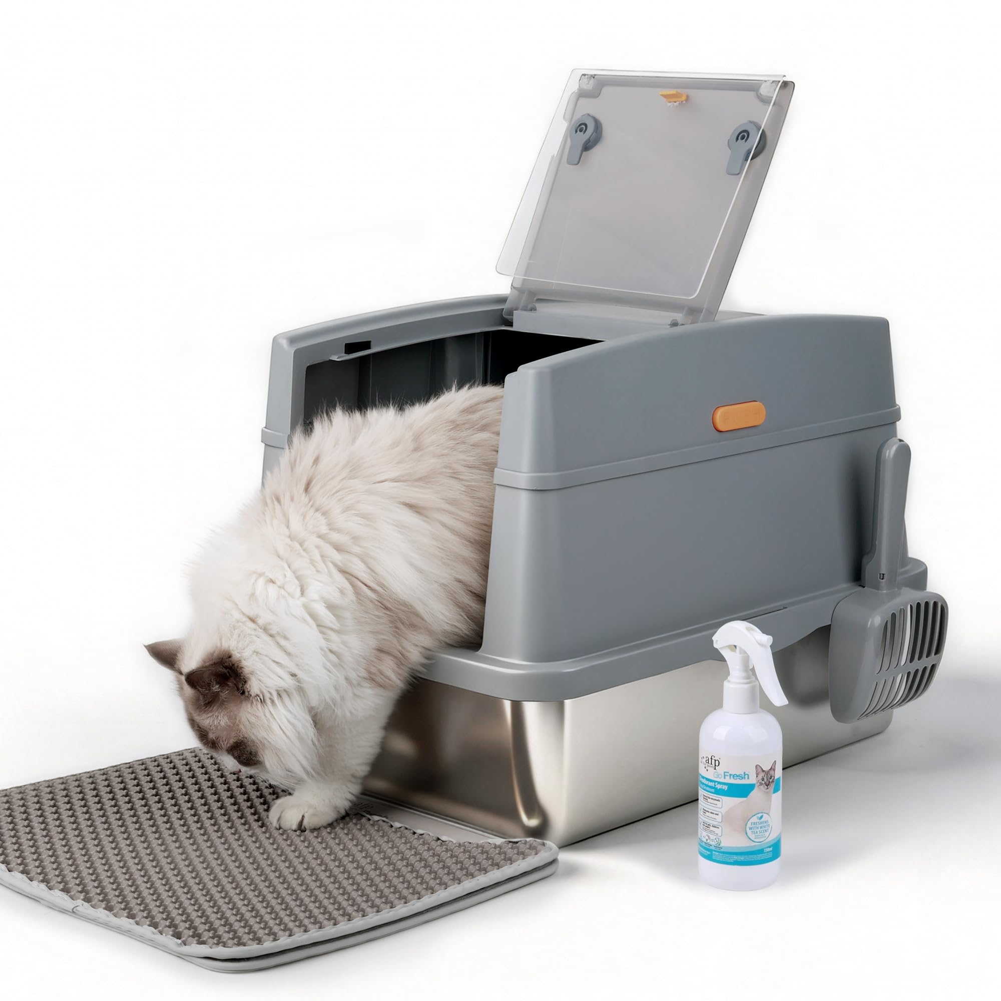 Large Stainless Steel Cat Litter Box with Lid, Enclosed High Sided Sifting Metal Litter Boxes with Scoop for XL Cats, Multicat, Non-Sticky, Anti-Leakage, Easy Cleaning, Grey