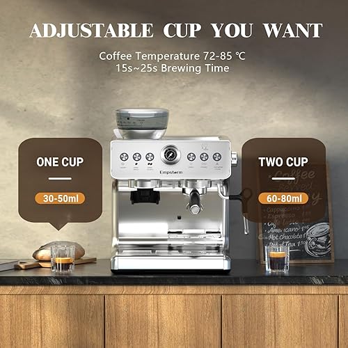 Miniatura 7 de Empstorm Máquina de café expreso con molinillo, cafetera espresso semiautomática de 20 bar con espumador de leche para uso comercial en barista en
