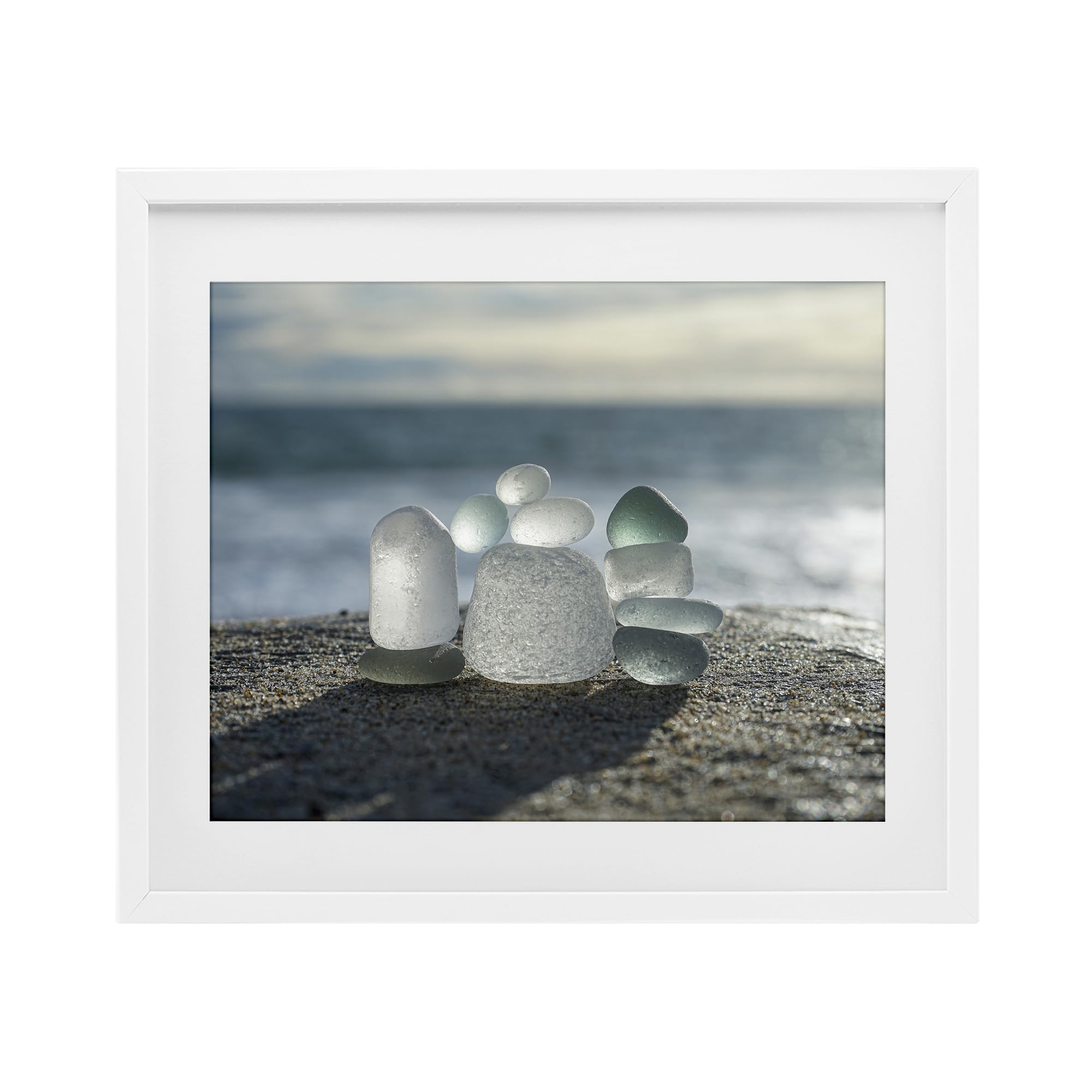 Stupell Industries Coastal White (Textured) 'Balancing Sea Glass Pebbles'| Framed Print Under Glass