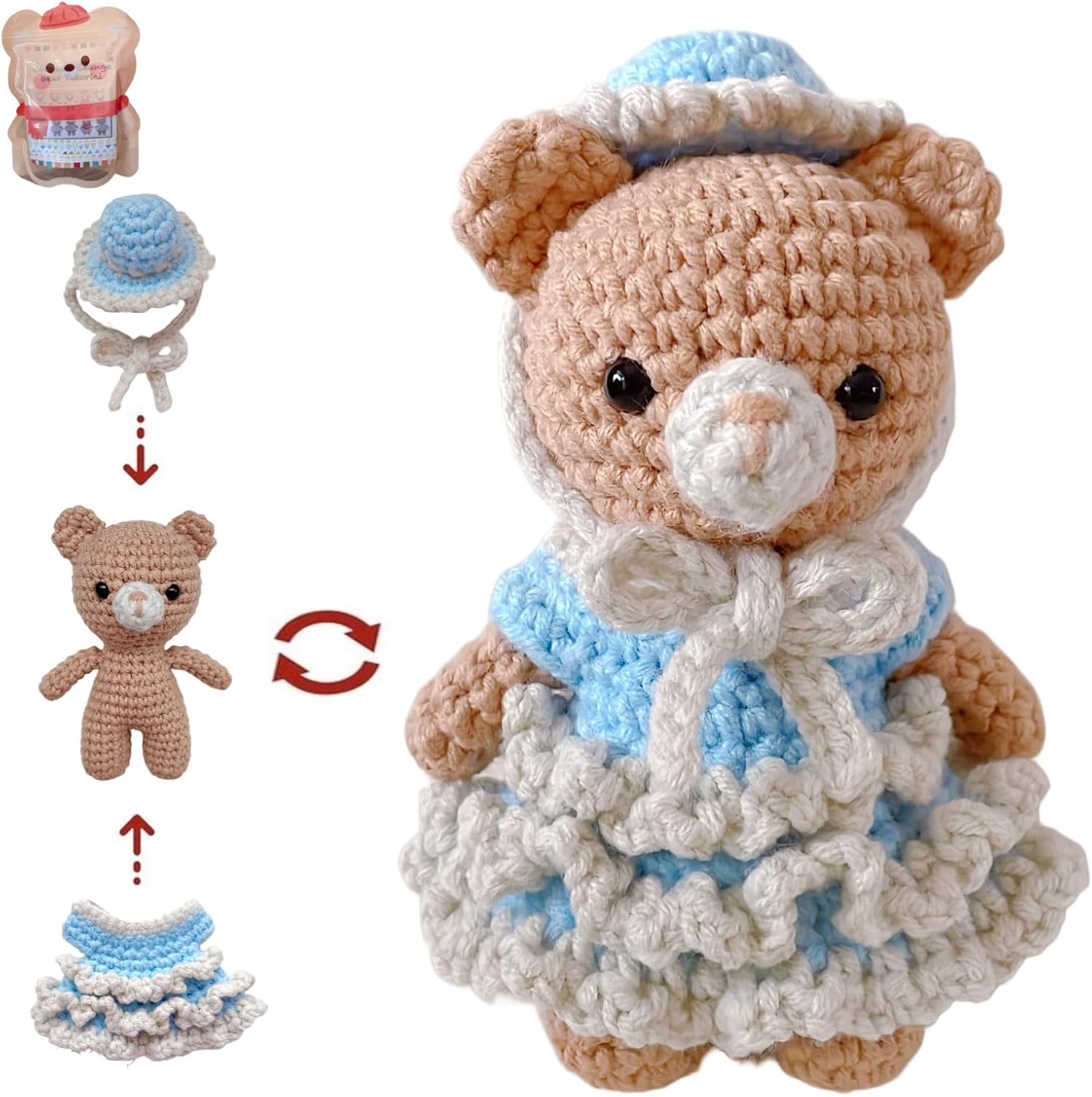 LoopMap Amigurumi Crochet Kit for Beginners with Removable Dress & Video Tutorials, DIY Bear Making Kit Includes Premium Yarn & Tools, Creative Gift for Adults Teens (Blue)
