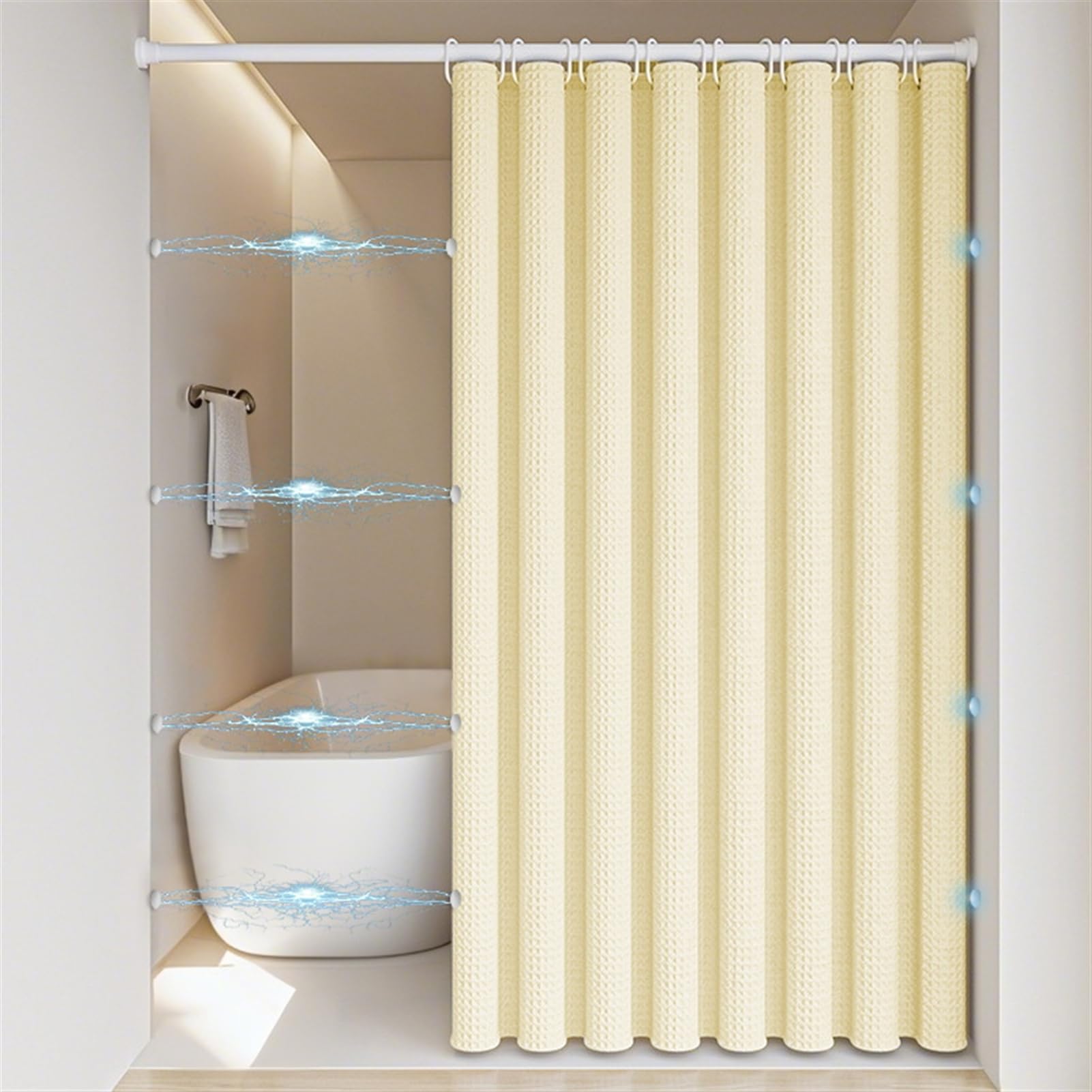 Rideau de douche chic jaune gaufré pour une décoration de salle de bain d'hôtel