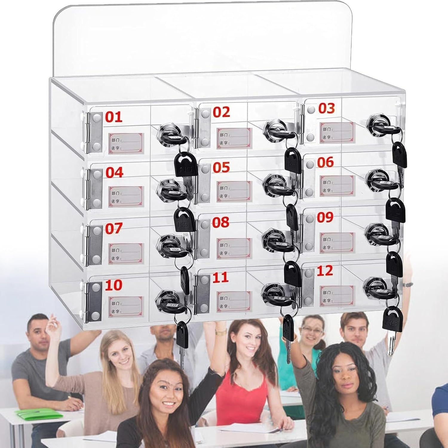 Mobile Phone Storage Box Transparent Acrylic Mobile Phone Security Locker with Key,Wall-Mounted Cell Phone Locker Box for Classroom & Office, Clear Storage Cabinet with 12 Slots, Secure Phon