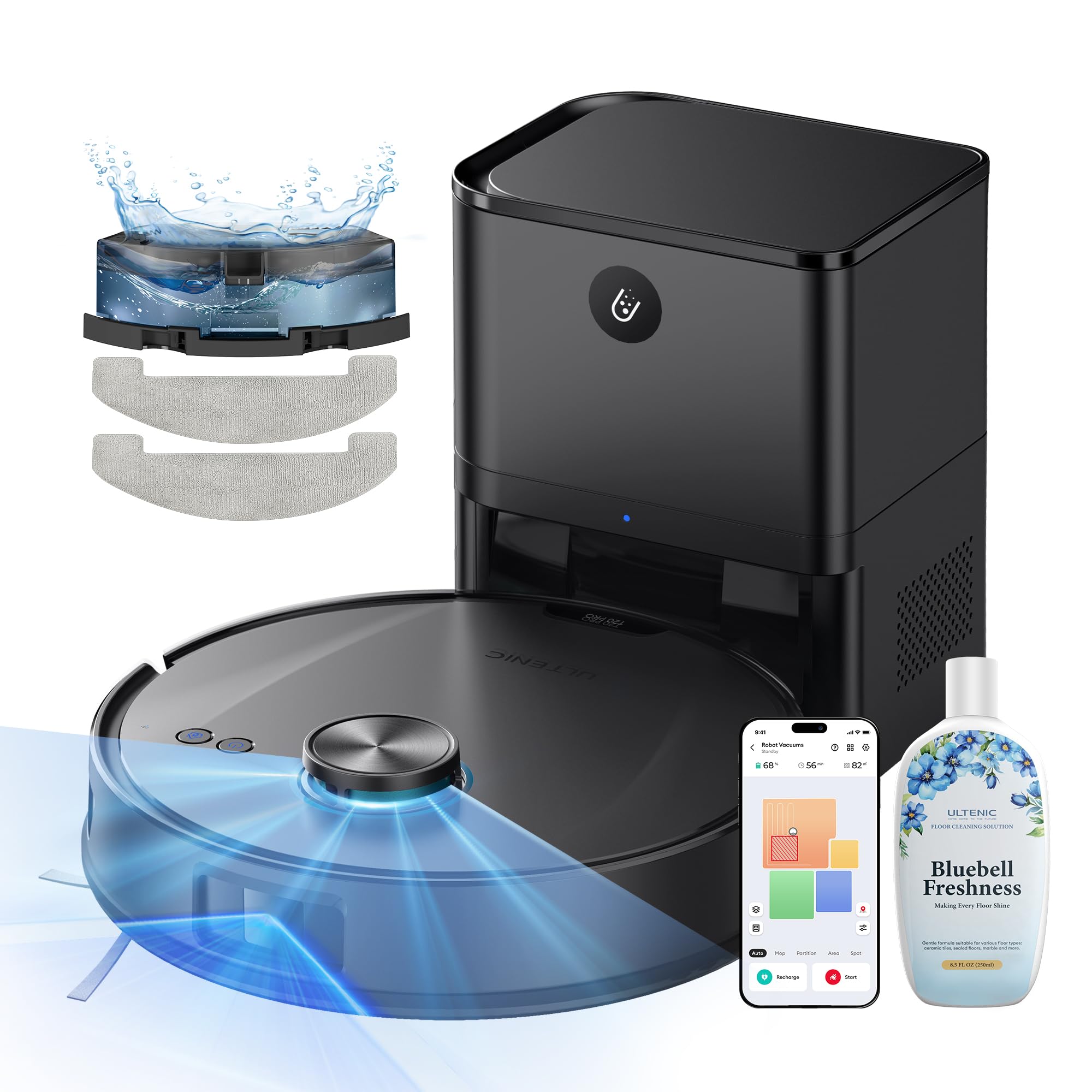 Ultenic T20 Pro Robot Vacuum Cleaner with Mop Function 8000 Pa, Vacuum Cleaner Robot with Suction Station 3.5 L, Robot Vacuum Cleaner for Pet Hair, Carpet Floors, AI-Assisted Laser Obstacle Avoidance, App Operated