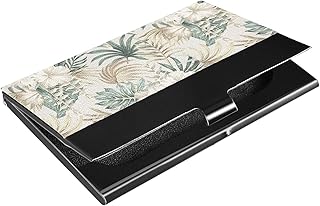 Beige Tropical Hibiscus Flowers Leaves Exotic Jungle Palm Leaves Business Card Holder Leather, Slim Credit Card Case Stainless Steel Wallet for Women and Men Unisex Business Card Holder