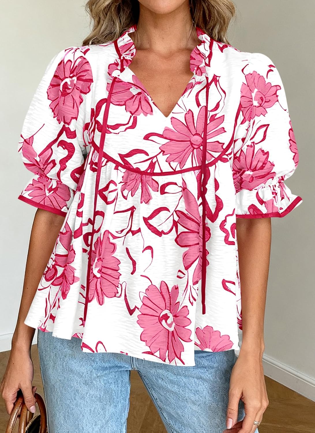 PRETTYGARDEN Womens Summer Tops 2026 Cute Puff Sleeve Ruffle V Neck Babydoll T-Shirts Boho Floral Fall Peplum Shirts