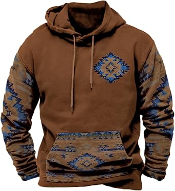 Aztec Hoodies for Men Oversized Long Sleeve Pullover Mens Drawstring Vintage Graphic Western Cowboy Jackets Fall Winter Country Hoodies with Kangaroo Pocket C-Geo Brown S