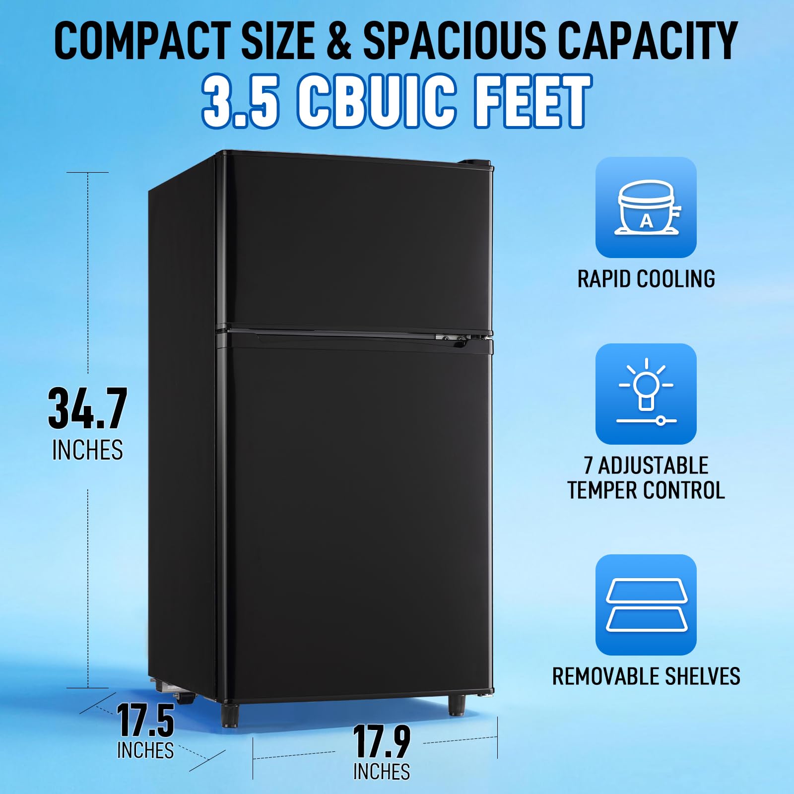 WANAI 3.5 Cu.Ft 2 Door Mini Fridge With Freezer Freestadning Small Refrigerator Features 7 Gear Mechanical Control, Side Bottle Rack, 2 Glass Removable Shelves, Crisper Drawer Black on Fridge.com - View 5