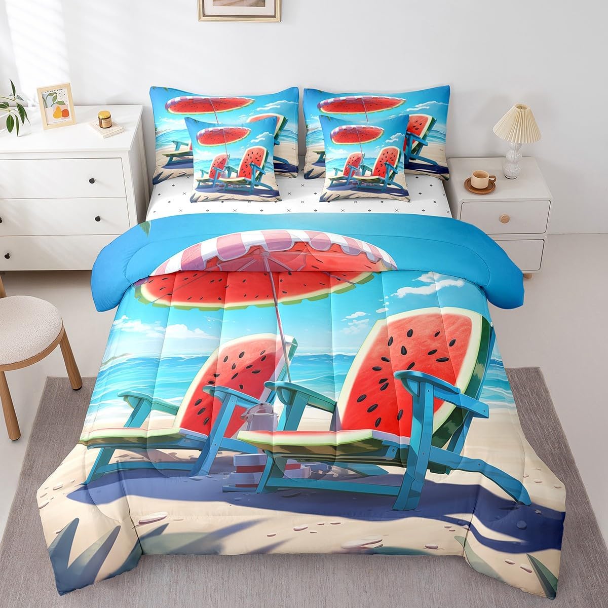 White Daisy Floral Bedding Set 7 Pieces For Kids Girls Pink Flower Comforter Set Twin,Rainbow Geometric Stripes Bedding Comforter Sets Orange Yellow Ombre Bed in a Bag Botanical Theme Bed Sheets Set