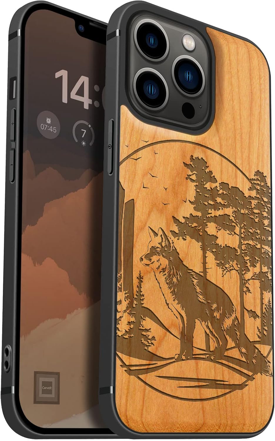 Carveit Magnetic Wood Case for iPhone 13 Pro Case [Natural Wood & Black Soft TPU] Unique & Classy Wooden Shockproof Protective Cover Compatible with magsafe (Fox and Woods -Blackwood)
