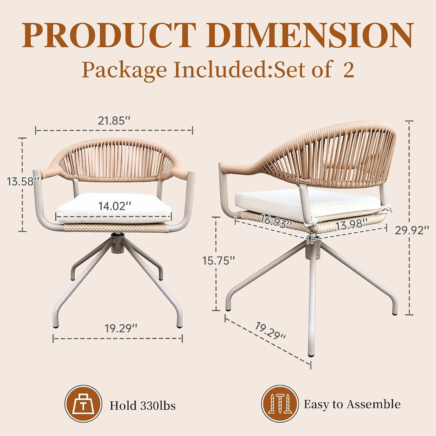 TWT Modern Outdoor PE Swivel Dining Chairs, 360°Auto-Return Aluminum Patio Chairs with Armrest & Removable Cushion, Woven Rope Garden Chair for Indoor, Office, Pub, Garden Lawn Backyard(Light Brown)