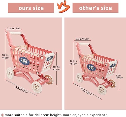 Vista 10 de deAO Carrito de compras para niños con carrito de compras de alimentos para tienda de juguetes, cocina, 65 piezas, juguete educativo (rosa)