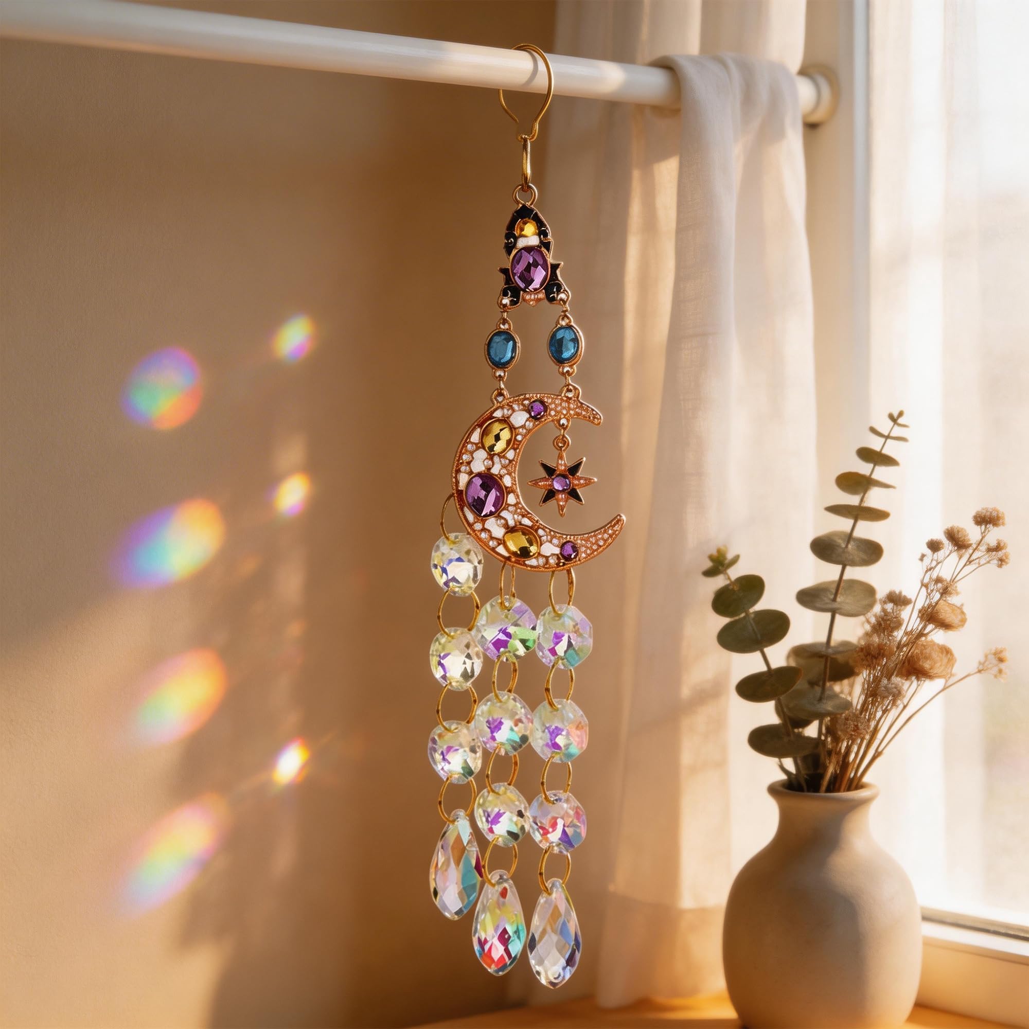 Minwegi Women's Purple Sun Catchers For Windows, Handmade Crystal Moon And Star Ornament With Rainbow Light Reflection, Boho Home Decor For Adults, Spiritual Gift For