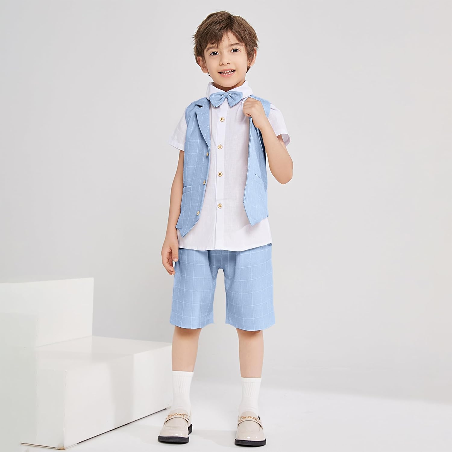 Summer Boys Suit Dress Clothes Kids Wedding Ring Bearer Outfit 4Pcs Shirt Vest Shorts Set