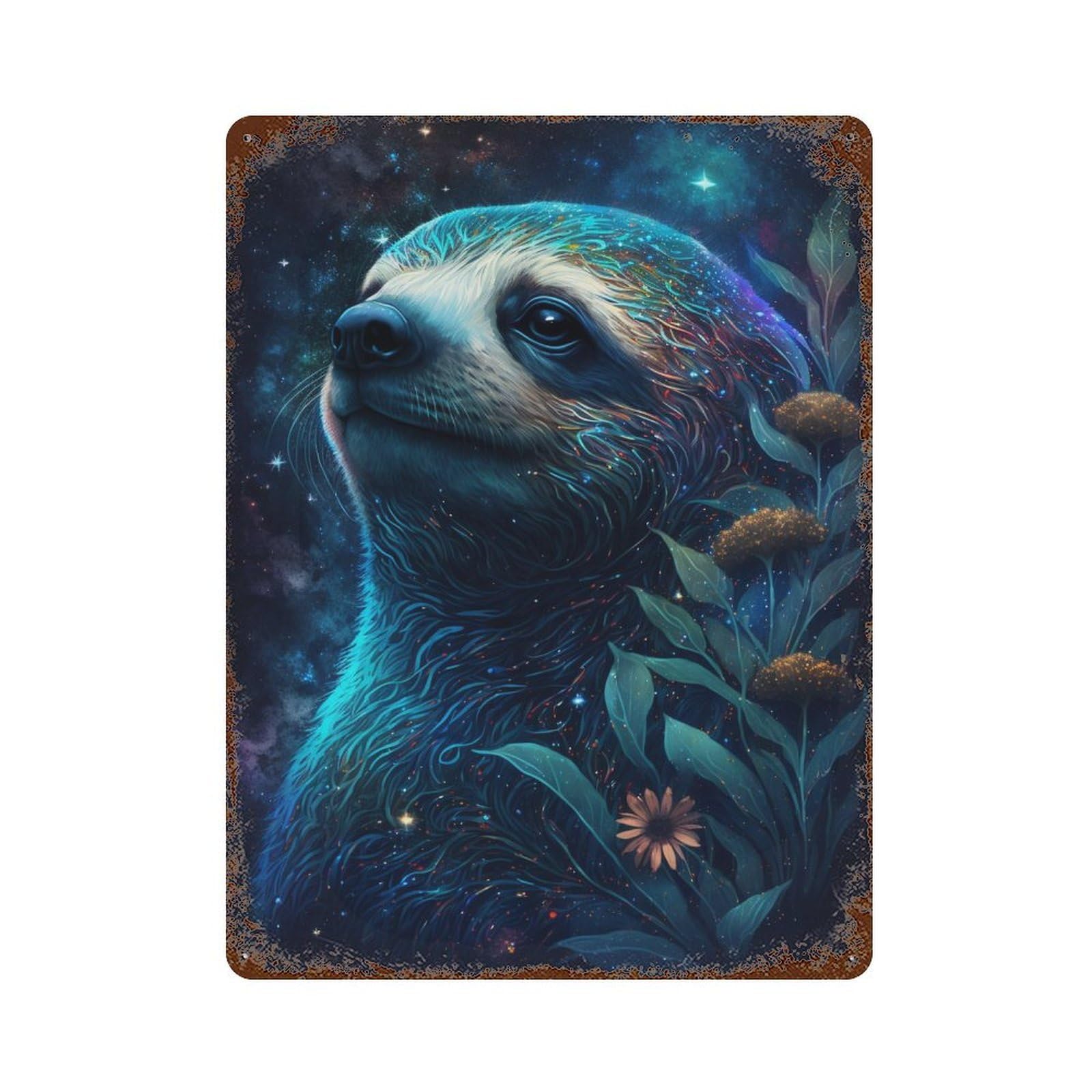 Galactic Sloth with Flowers -6 Vintage Rust Metal Sign 15.7"x11.8", for Garage, Bar And Workshop Decor, Decorative Metal Wall Art