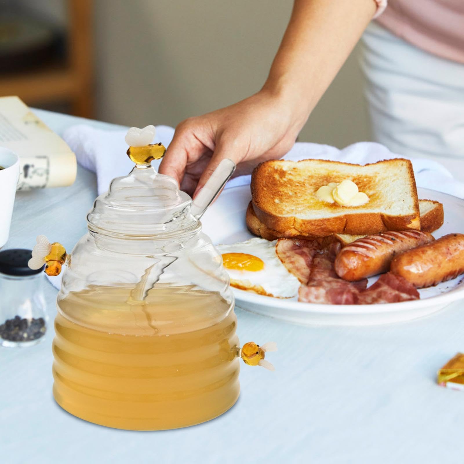 Vasetto Per Miele In Vetro Con Dosatore - 350ml, Coperchio In Legno, Design Naturale