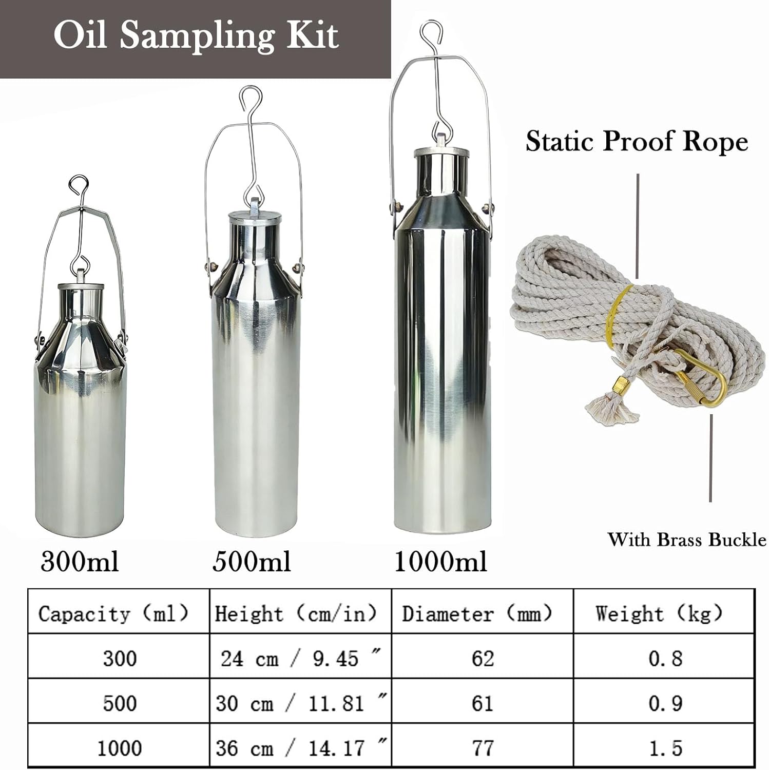 Oil Sample/Extractor Collection Tool,Liquid Thief Sampling Tool,300 500 1000 Ml Oil Sampling Container with Rope,for Petrochemical Flu(Size:Rope L-5m/16.4ft,Color:Stainless Steel-1000 mL（33.8 fl oz）)