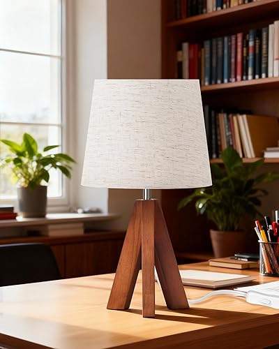 Miniatura 7 de LE51TL05 - Lámpara de mesa pequeña con trípode, moderna lámpara de mesita de noche con pantalla de tela, lámpara de escritorio de madera bohemia
