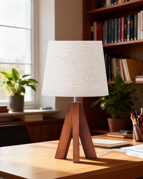 GOEBLESON Tripod Table Lamp, 14.6 Inch Small Bedside Lamp with Beige Linen Shade, Modern Nightstand Lamp for Bedroom, Kids Room, Living Room, Nursery, Office, E26 Socket, Dark Wood Base, LE51TL05 by GOEBLESON - Image 8