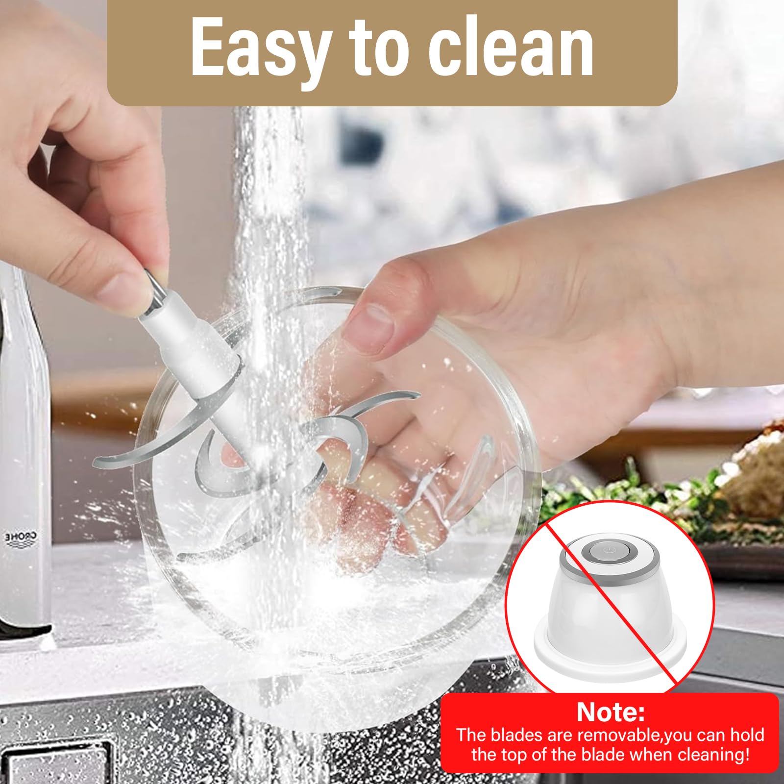 Tritatutto da Cucina Elettrico 350ml, Frullatore Piccolo Portatile con 3 Lame per Carne Frutta Peperoncino Cipolle Aglio - Bianco