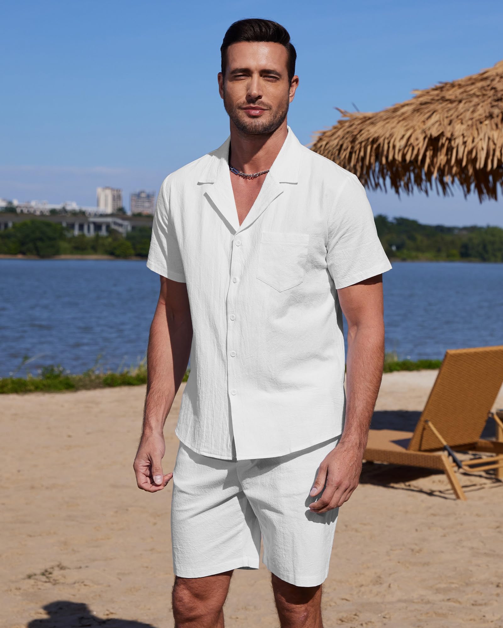YAOHUOLE Conjunto de camisa y pantalón de lino para hombre, manga corta, pantalones y camisa de lino de manga corta para hombre, ajuste universal de verano