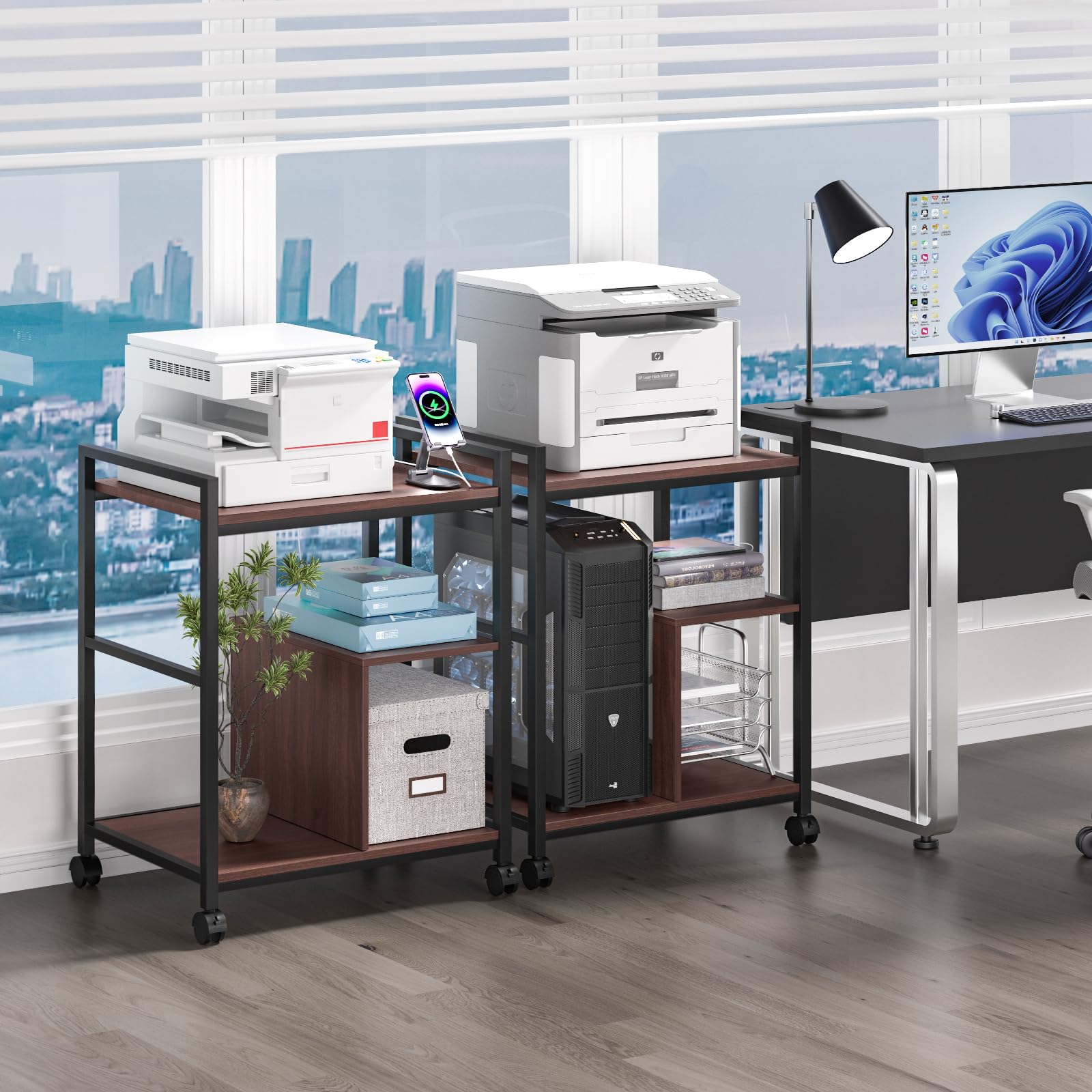 Lerliuo Support d'imprimante avec station de charge et ports USB, grande table d'imprimante mobile à 3 niveaux avec étagère de rangement, chariot d'imprimante industriel roulant en noyer avec roues