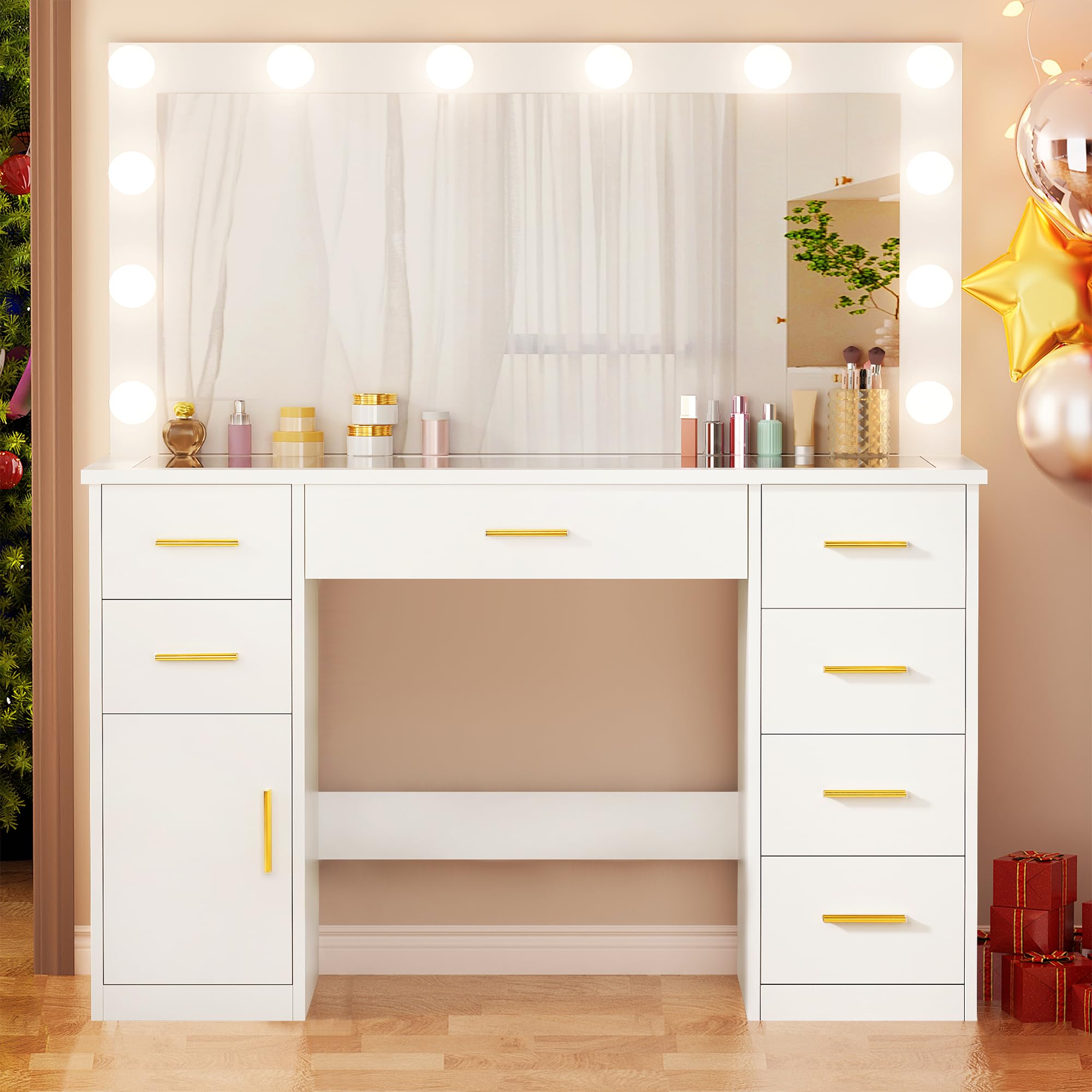 ANWBROAD Grande Coiffeuse avec Miroir et Prise, Éclairage LED Réglable,Table de Maquillage avec 7 Tiroirs Coiffeuse Moderne avec Grand Espace de Rangement Blanc 110x140x40cm BDT83W
