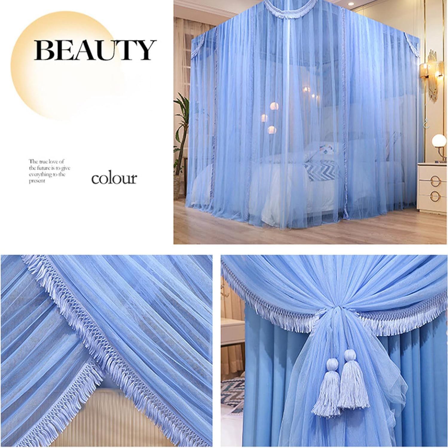 4 Corners Post Canopy Bed Curtain with Frame for Girls & Adults - Cute Cozy Drape Square Netting for Twin Bed - 4 Opening Mosquito Net - Princess Bedroom Decoration