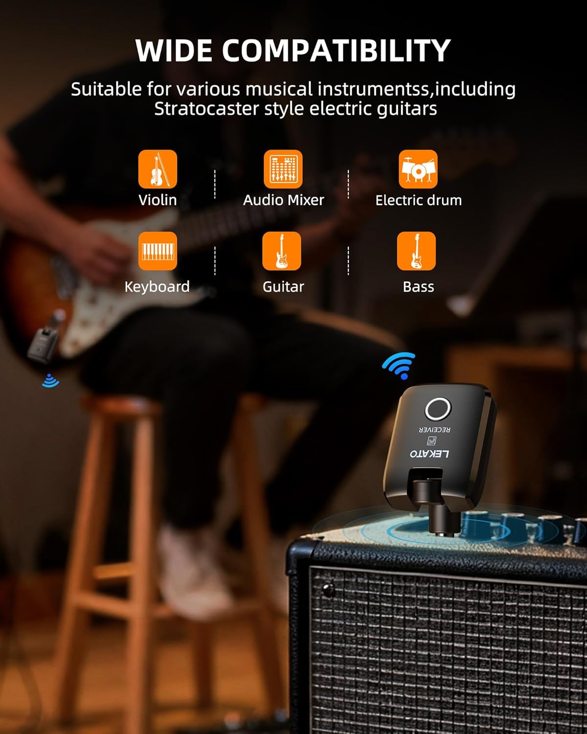 LEKATO Wireless Guitar System with Charging Case, 2.4 GHz Rechargeable Audio Wireless Guitar Transmitter Receiver, High Fidelity Sound for Guitar, Bass, and Keyboard