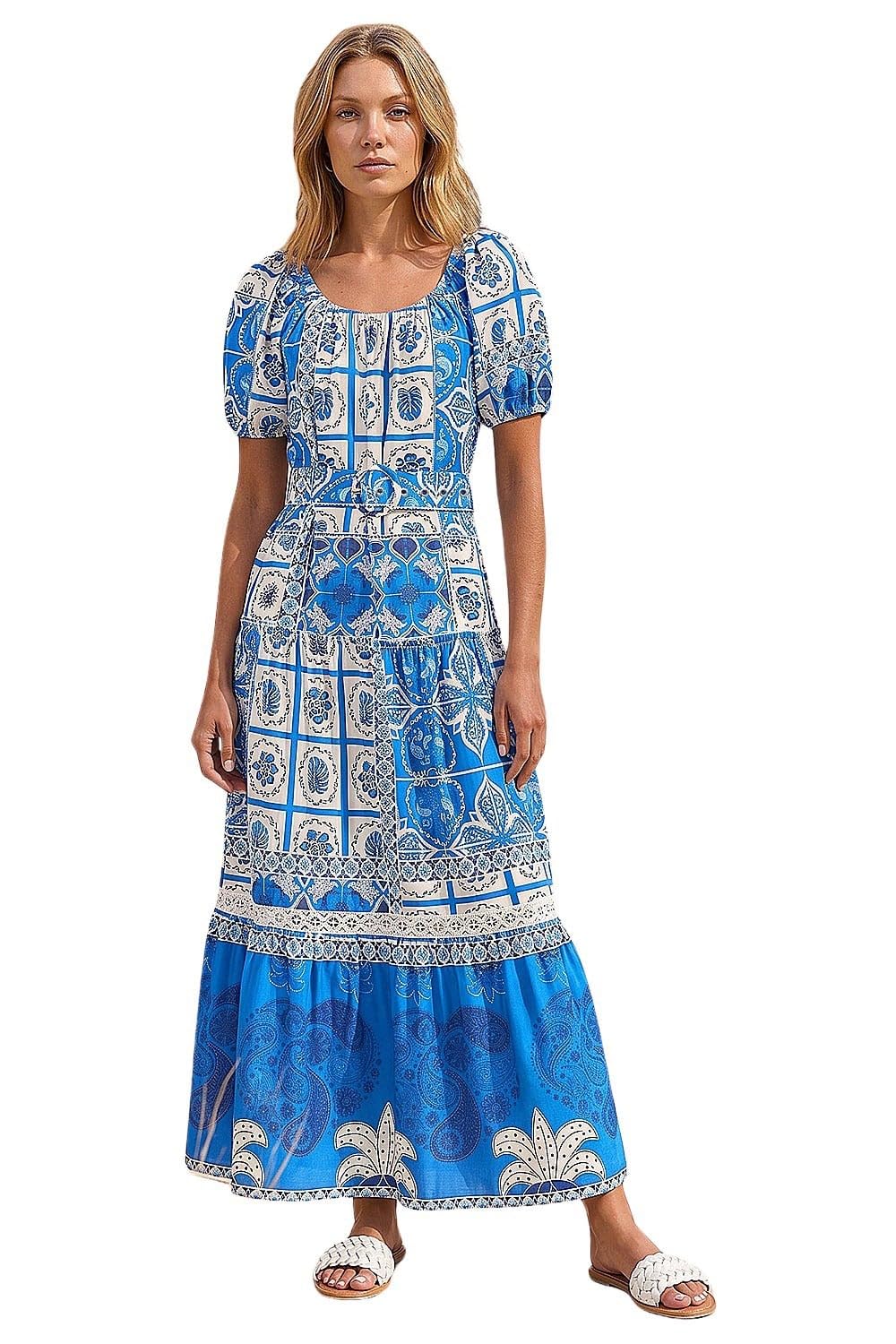 Roman Originals Abstract Border Belted Midi Dress for Women UK - Ladies Everyday Holiday Spring Summer Square Neckline Comfy Soft Evening Vacation Work Party - Royal Blue - Size 14