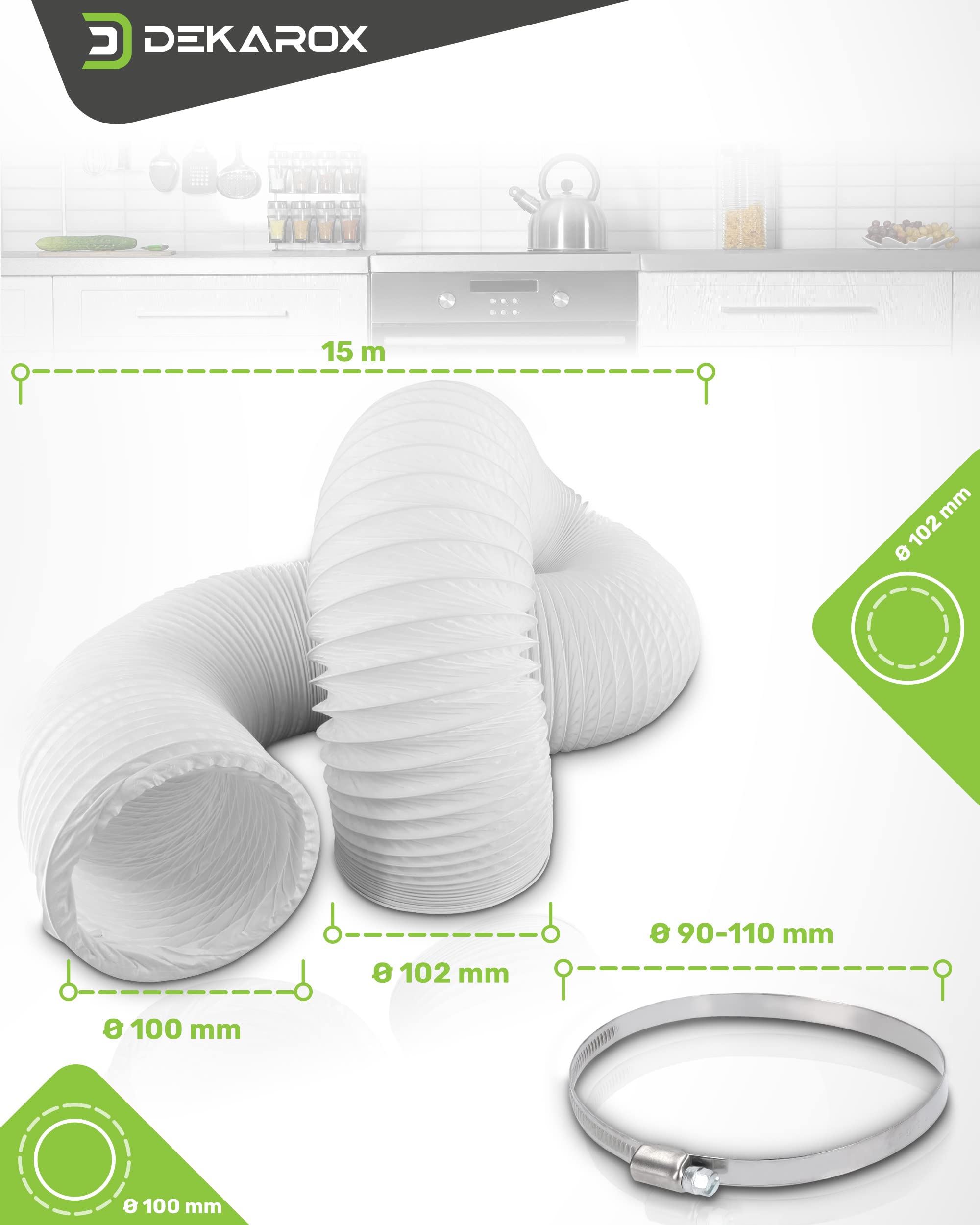 Tubo di scarico in PVC, 15 m, diametro 100/102 mm, flessibile, con fascette per 100 condizionatori d'aria, asciugatrici, cappa aspirante