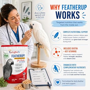 UnRuffledRx FeatherUp! Bird Molting Support & Feather Growth Supplement - for Plucking, Regrowth & Molt - Multivitamin & Amino Acids for All Birds - 90g (240 Servings)