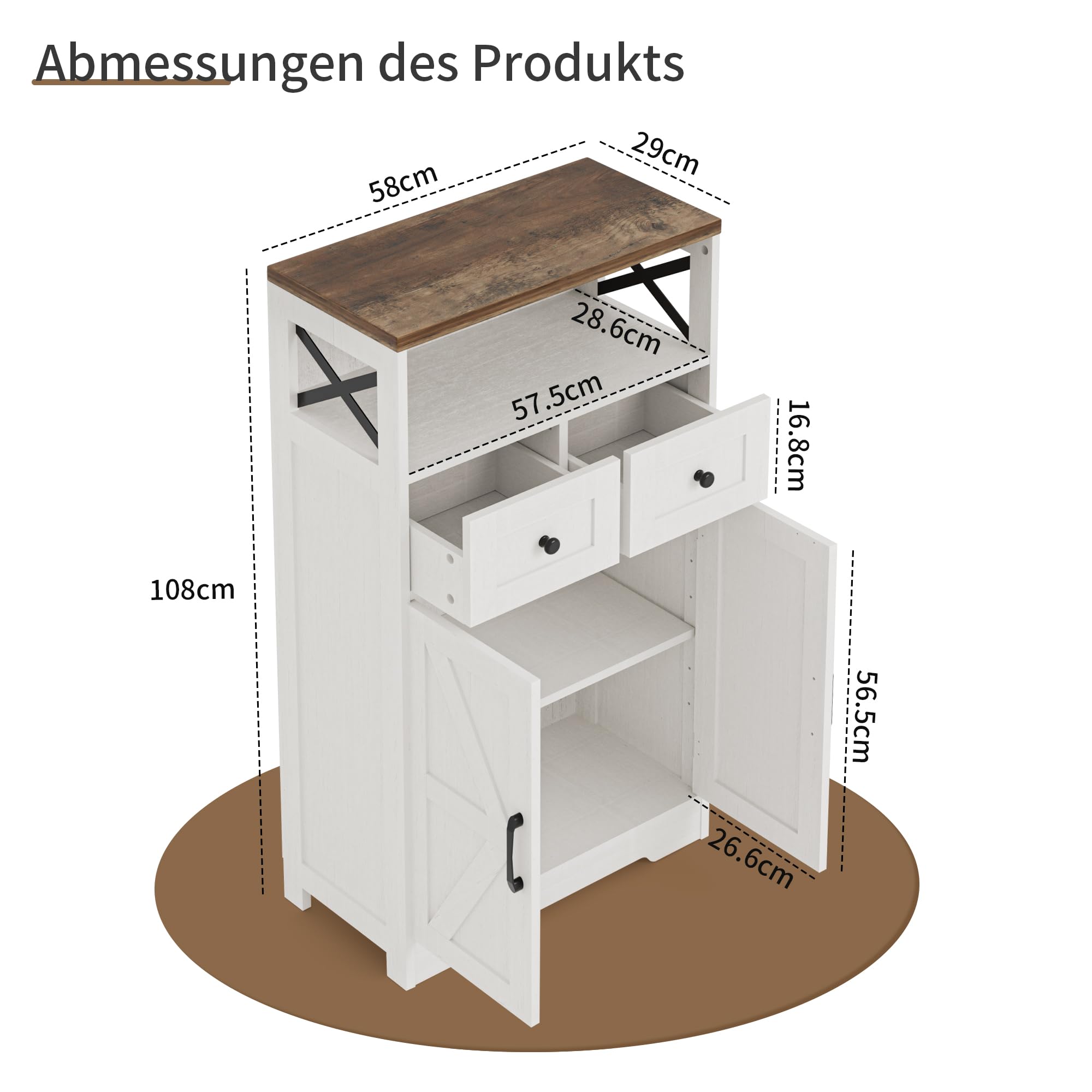 BonVache Küchenschrank, Sideboard, Kommode, mit Tür und verstellbarem Regal, 2 Schubladen, für Küche, Esszimmer, Wohnzimmer, Farbe: weiß