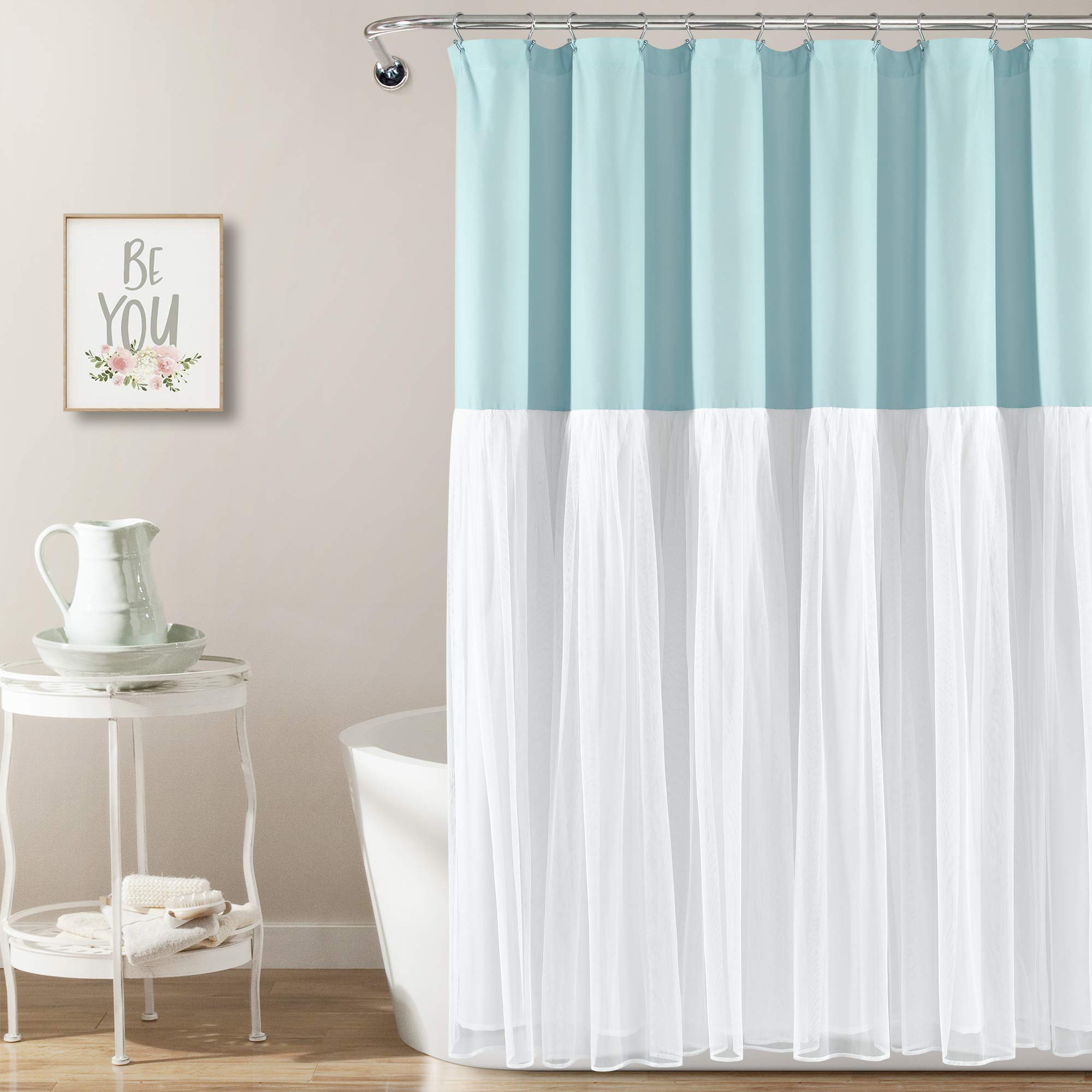 Rideau de douche tulle bleu spa blanc grand format pour baignoire